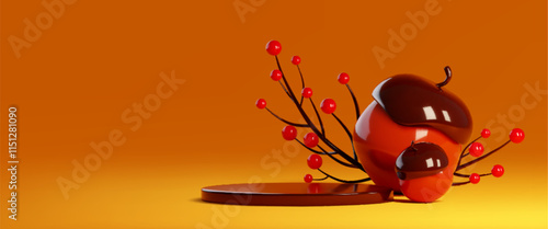 3d autumn podium with acorn for thanksgiving. November sale season banner with platform for product. October discount offer for shopping vector illustration. Pedestal for promo template concept