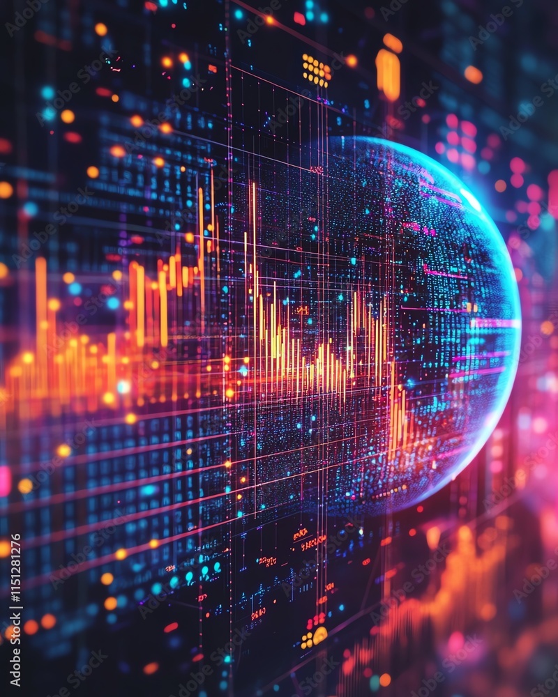 Obraz premium Abstract globe on a background of technology, data, and digital statistics, symbolizing global connectivity, communication, and information exchange