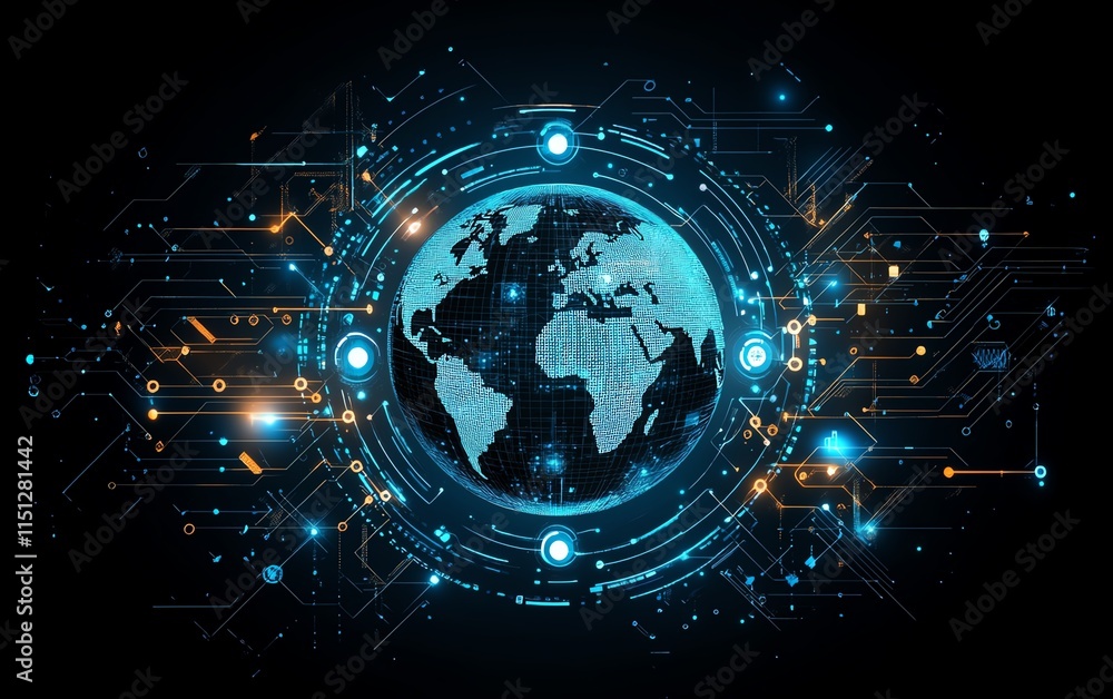 Obraz premium Abstract globe surrounded by technology, data, and statistical graphics, symbolizing global communication and information connection