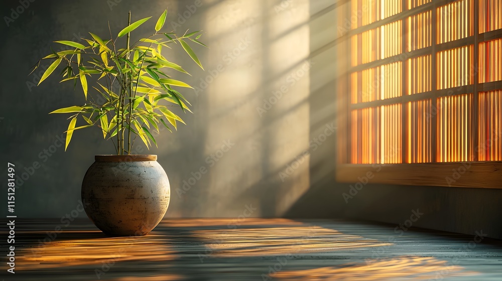 Fototapeta premium Bamboo Plant Growth Tranquil Room Indoor Decoration Soft Lighting Natural Atmosphere Serenity Concept