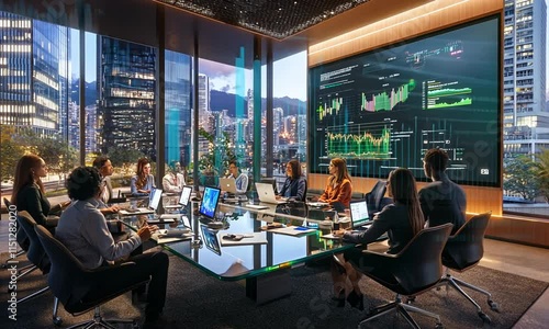 Business team meeting in modern skyscraper office, reviewing financial data on large screen.