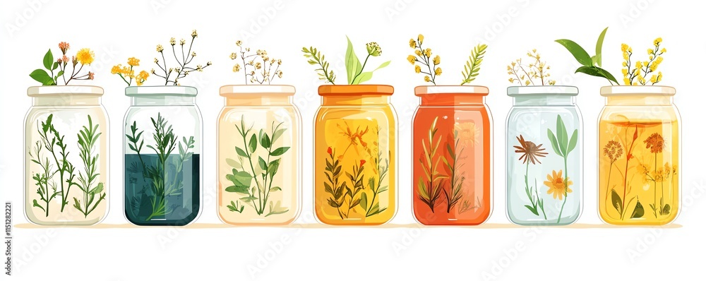 Flat vector illustration of jars filled with medicinal plant extracts and herbs, symbolizing vitamins and natural remedies, minimalist design on a white background Flat vector illustration of jars filled with medicinal plant extracts and herbs, symbolizing vitamins and natural remedies, minimalist design on a white background