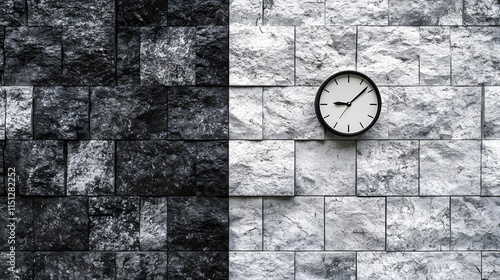 Wallpaper Mural Wall with contrasting black and white tiles and a round clock displaying the time clearly Torontodigital.ca