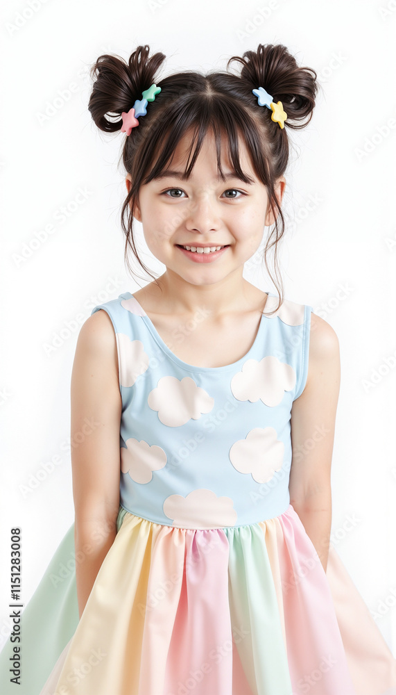 Adorable Asian girl in pastel rainbow dress with cute hair buns smiling against white background Adorable Asian girl in pastel rainbow dress with cute hair buns smiling against white background