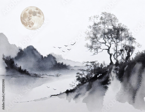 정월대보름 달 풍경 산수화