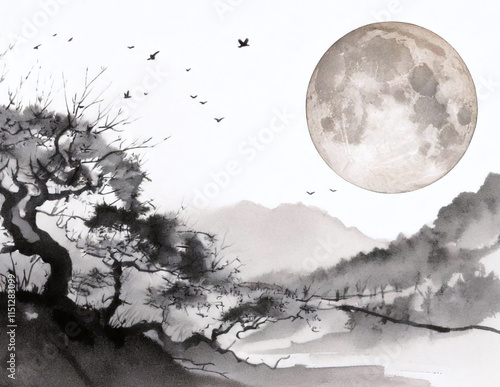 정월대보름 달 풍경 산수화