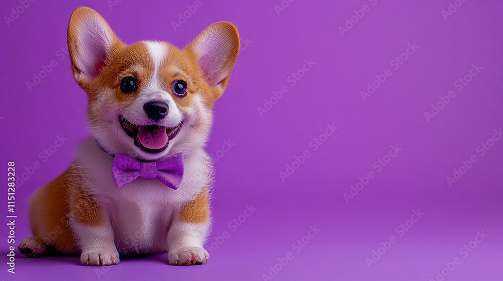 Adorable corgi puppy with purple bow tie on vibrant background Adorable corgi puppy with purple bow tie on vibrant background
