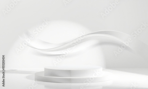 minimalist white podium with curved background creates serene and elegant atmosphere, perfect for showcasing products or presentations. soft lighting enhances smooth textures
