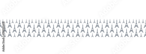 Eiffel Tower. Gray metal tower silhouette. Famous landmark of Paris. Seamless long horizontal border. Repeating vector pattern. Isolated colorless background. 