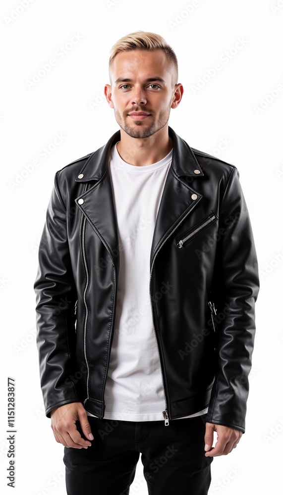 Fototapeta premium Cool young man in black leather biker jacket against white background
