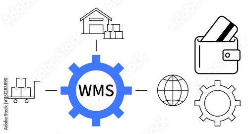 Gear labeled WMS connected to warehouse, cart, globe, wallet, and gear. Ideal for logistics, supply chain, e-commerce inventory shipping global trade payment systems. Line metaphor