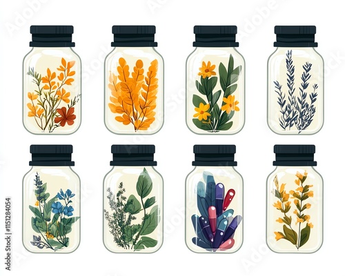 Illustration of medicinal plants and herb extracts in jars, flat vector style, symbolizing vitamins and natural remedies, minimalist design on a white background photo