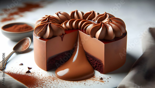 Pantone A rich mocha mousse filling spilling from the center of a chocolate cake, showing its smooth texture1 photo