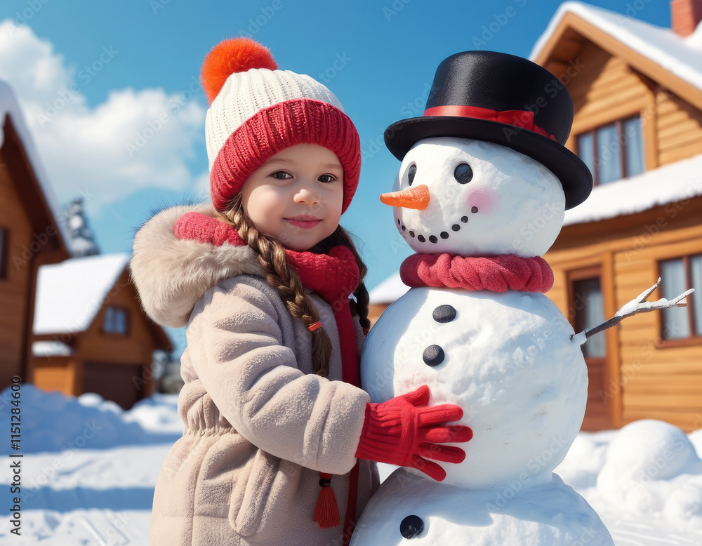 Smiling girl in winter clothes hugging snowman in cozy snowy village Smiling girl in winter clothes hugging snowman in cozy snowy village