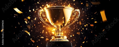 Golden trophy cup with sparkling background symbolizing victory and achievement.
