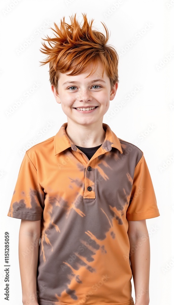 Cheerful redhead boy in orange tie-dye polo shirt Cheerful redhead boy in orange tie-dye polo shirt