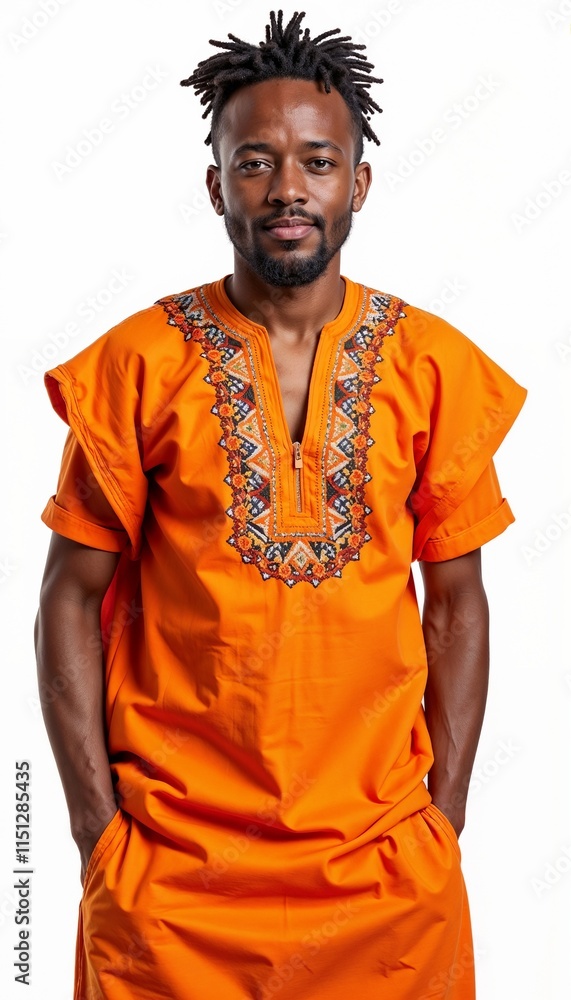 Fototapeta premium African man in traditional orange embroidered dashiki against white background
