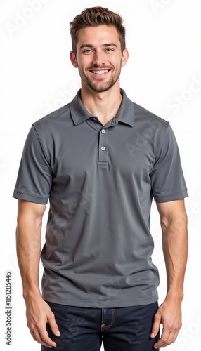 Smiling man in grey polo shirt against white background