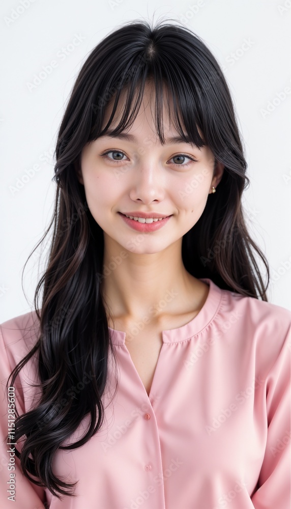 Sweet Asian woman in pink button-up blouse