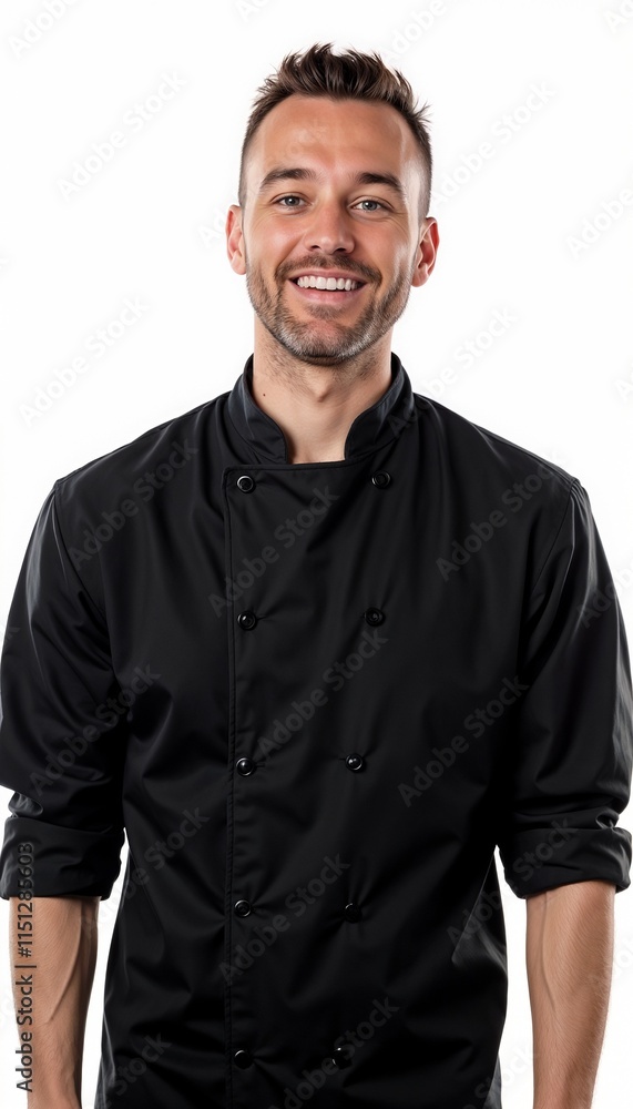 Cheerful chef in black professional uniform against white background Cheerful chef in black professional uniform against white background