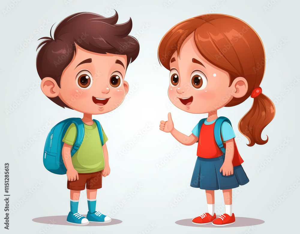 Cute drawn school children with backpacks and friendly smiles Cute drawn school children with backpacks and friendly smiles