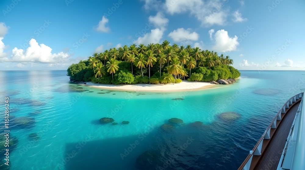 Fototapeta premium A luxurious yacht glides through the crystal clear turquoise waters of a tropical paradise, offering a breathtaking view of a secluded island. The island is adorned with lush, green palm trees