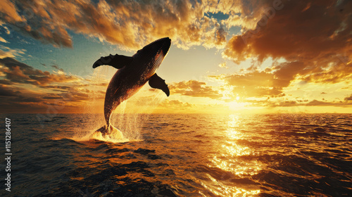 Fototapeta Naklejka Na Ścianę i Meble -  Majestic whale breaching at sunset over ocean waves