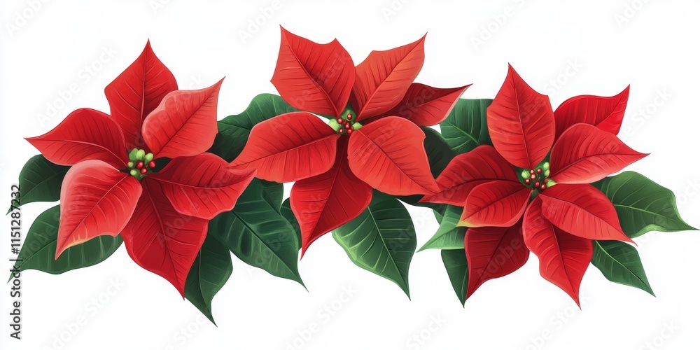 Isolated poinsettia flowers in vibrant red, accompanied by lush green leaves, perfect for Christmas decorations. Enhance your festive spirit with these beautiful poinsettia plants for any holiday Isolated poinsettia flowers in vibrant red, accompanied by lush green leaves, perfect for Christmas decorations. Enhance your festive spirit with these beautiful poinsettia plants for any holiday