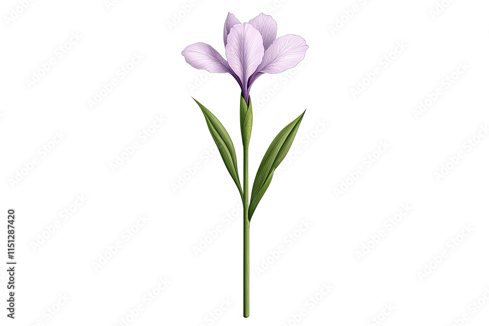 Iris botanical idea. A beautiful purple flower with delicate petals and green leaves, symbolizing nature's beauty. Iris botanical idea. A beautiful purple flower with delicate petals and green leaves, symbolizing nature's beauty.