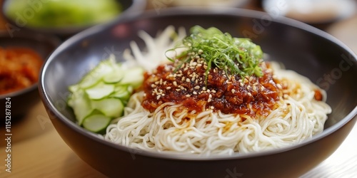 Spicy sauce served with cold noodles creates a delightful dish. Enjoy the refreshing taste of cold noodles topped with a bold and flavorful spicy sauce for an exciting culinary experience. photo