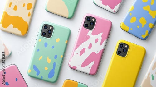 Colorful phone cases with abstract designs arranged on a white background.