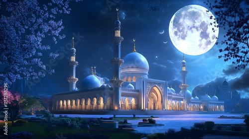 luxurious and magnificent mosque building, with a large and beautiful garden, with a beautiful view of the full moon at night photo