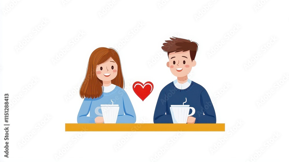 Couple Sharing Coffee: A young couple, enjoying a cozy moment together, sharing a warm beverage, with a heart symbol representing their love and connection. Couple Sharing Coffee: A young couple, enjoying a cozy moment together, sharing a warm beverage, with a heart symbol representing their love and connection.