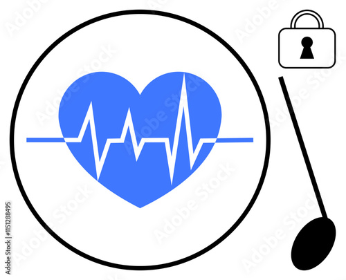 Blue heart with EKG line inside large circle, security lock at top right, and magnifying glass handle. Ideal for health, cardiology, security, data protection, medical research, privacy fitness