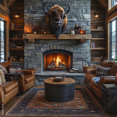 Rustic lodge setting with bison taxidermy displayed on a wooden wall