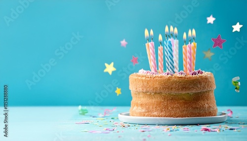 Yummy Birthday Cake with Candles on a Light Blue Background for a Fun Celebration
 photo