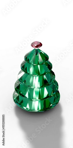 green diamond stone christmass tree on isolated white background turn 360