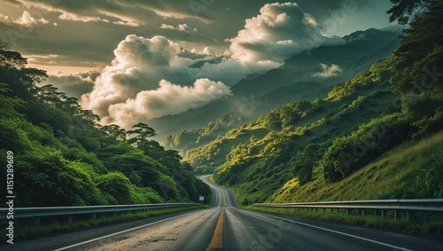 Epic Winding Mountain Roads Through Lush Greenery and Misty Peaks   A Breathtaking Scenic Journey  , image , illustration , photo , green road ,country road scene ,perspective