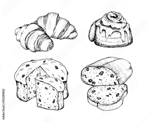 Vector illustrations of pastries drawn with black ink. Set of holiday cakes. Christmas European pastries, panettone, stollen, cinnamon bun with sugar icing, croissants. Detailed hand drawn sketches.