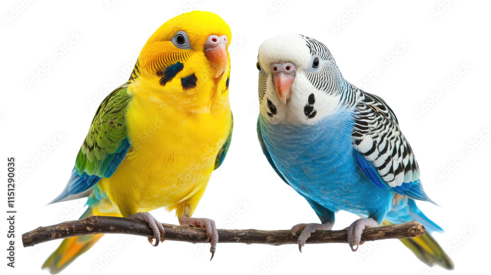 Fototapeta premium Feathered Friends: A yellow and blue budgie perched together on a branch, their playful eyes sparkling with curiosity. The vibrant colors of the birds create a joyful and charming scene. 