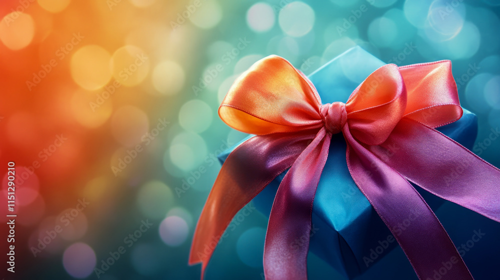 Vibrant gift box with colorful ribbon in festive bokeh background Vibrant gift box with colorful ribbon in festive bokeh background