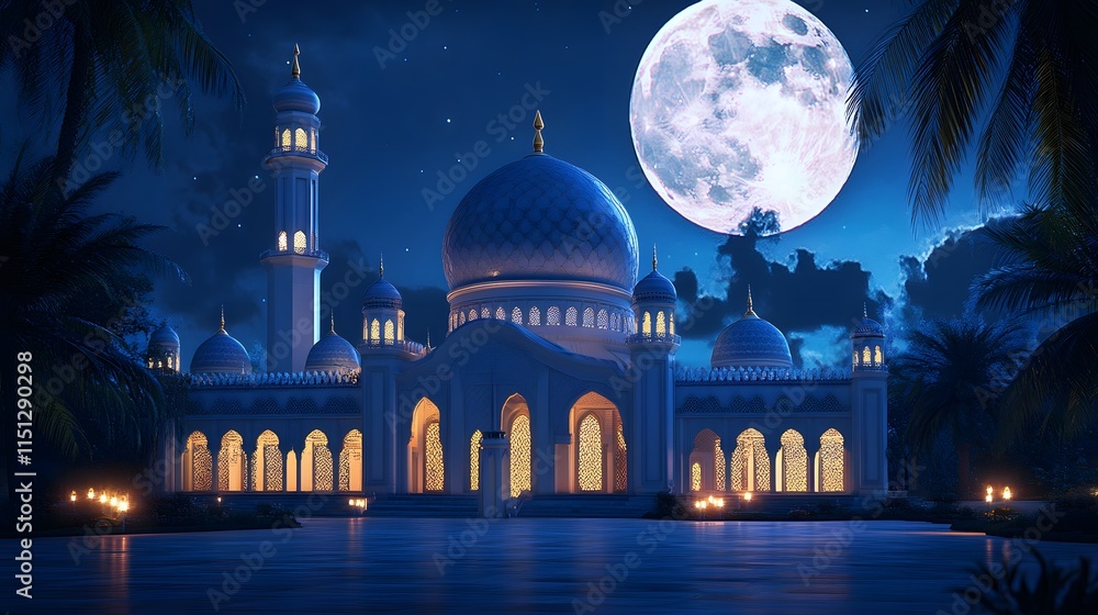 Naklejka premium luxurious and magnificent mosque building, with a large and beautiful garden, with a beautiful view of the full moon at night