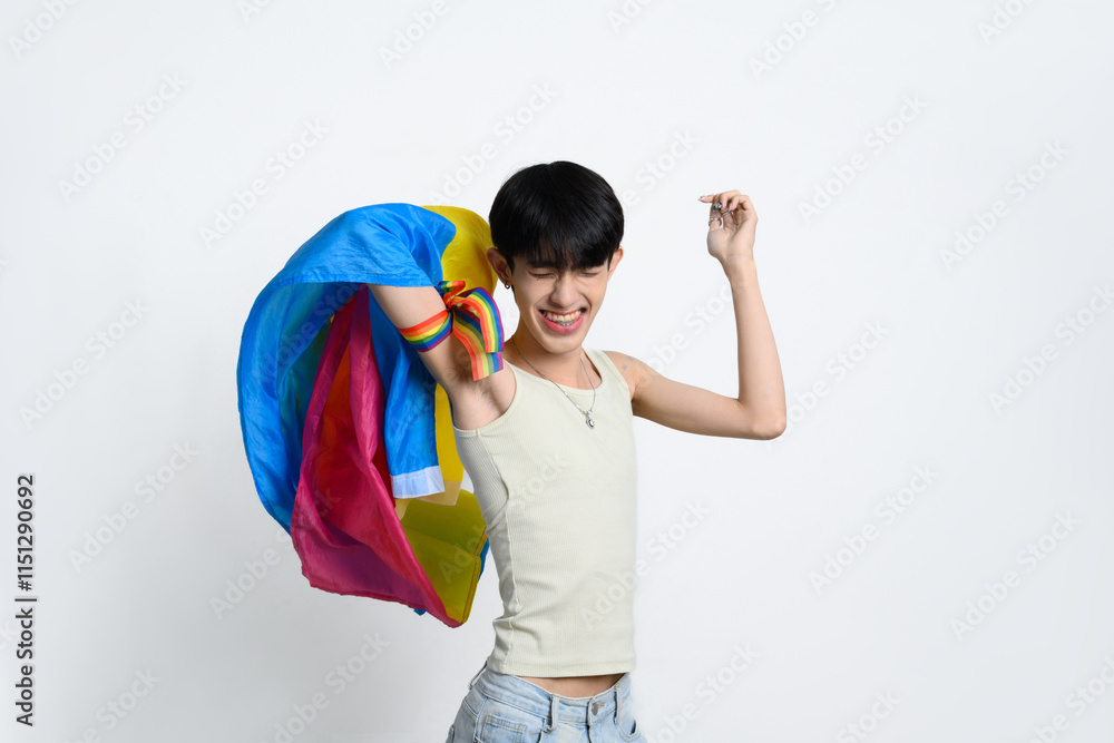 Cheerful teenage man joyfully posing with rainbow pride flag on white background. LGBTQ pride and equality concept Cheerful teenage man joyfully posing with rainbow pride flag on white background. LGBTQ pride and equality concept
