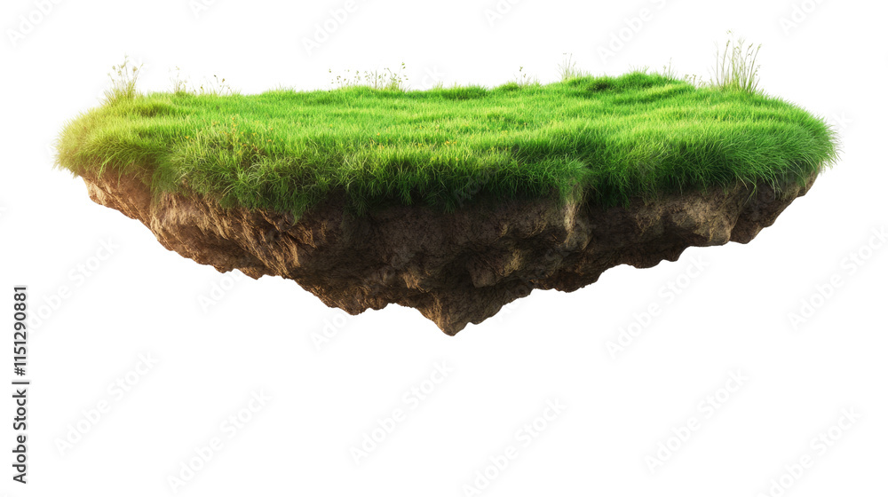 Naklejka premium Floating Island of Green: A surreal, digitally created image of a small island floating in mid-air, covered in lush green grass and rich brown earth. Perfect for fantasy or environmental concepts.