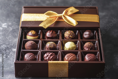 A luxurious chocolate box with golden ribbons and an assortment of pralines and truffles, elegant and sophisticated photo