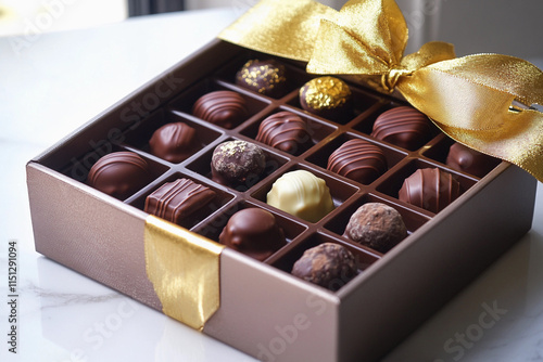 A luxurious chocolate box with golden ribbons and an assortment of pralines and truffles, elegant and sophisticated photo