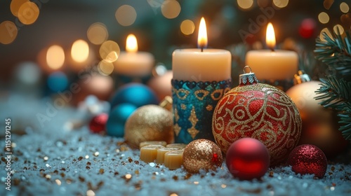 A balanced combination of Hanukkah gelt, a dreidel, and Christmas ornaments in festive red, green, and gold hues, scattered artfully on a softly lit neutral backdrop. photo