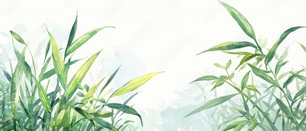 Naklejka premium Lush green plants emerging in a misty atmosphere, creating a serene and tranquil environment.