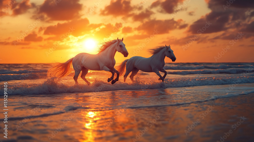 running horses during sunset in a beach with a low Angle running horses during sunset in a beach with a low Angle