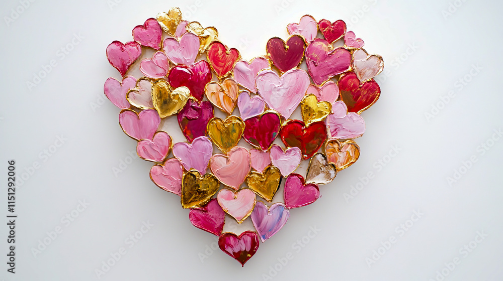 Colorful heart-shaped art with pink and gold accents on white background Colorful heart-shaped art with pink and gold accents on white background